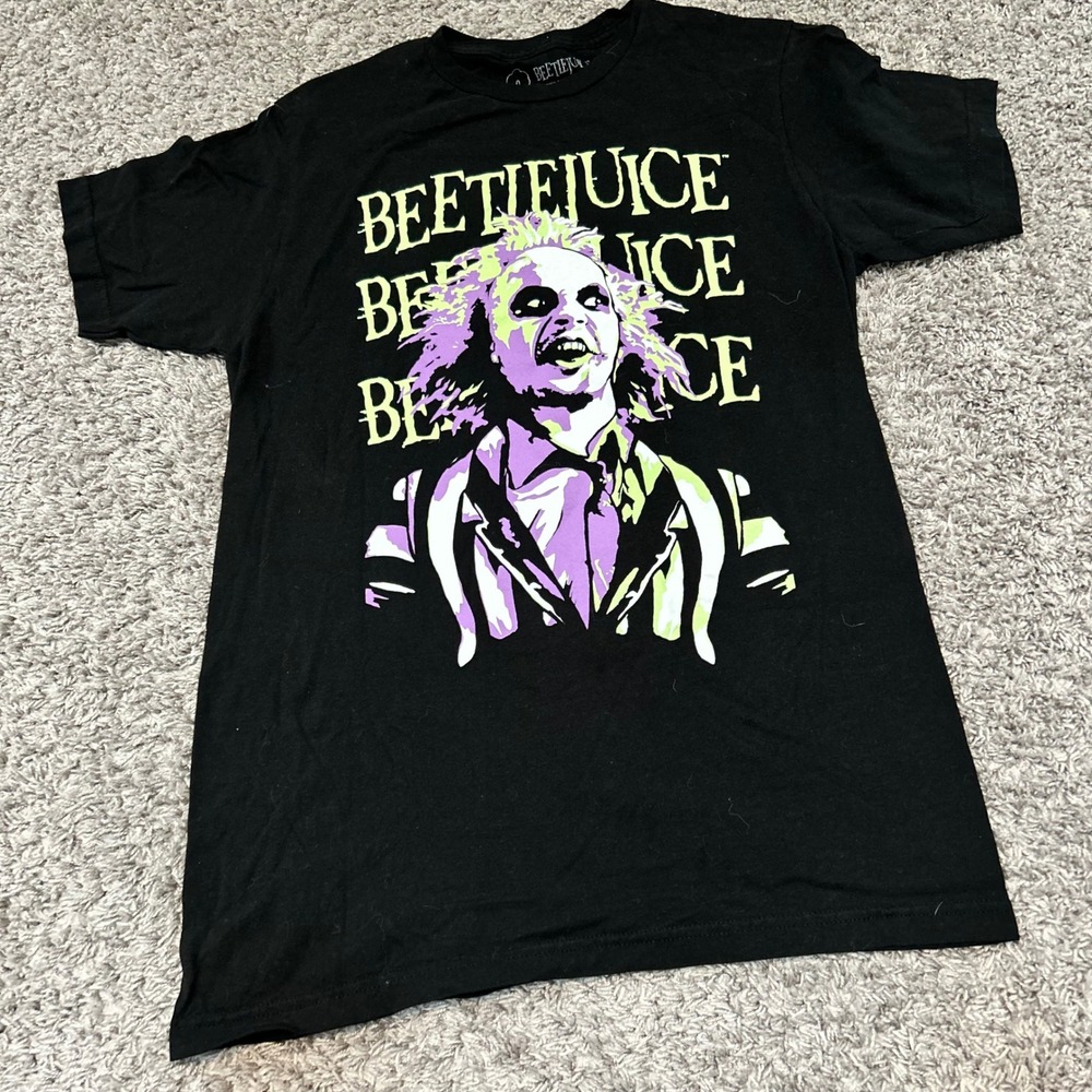 Beetlejuice Graphic T-Shirt Mens Medium Black Purple Green Movie Tee 100% Cotton
